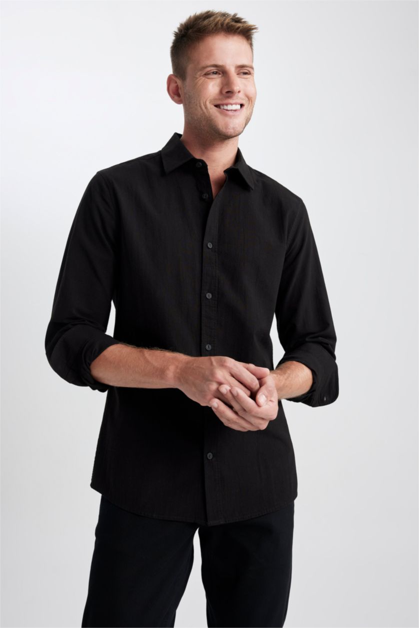 HOMME Noir Chemise Coupe Slim à Manches Longues
