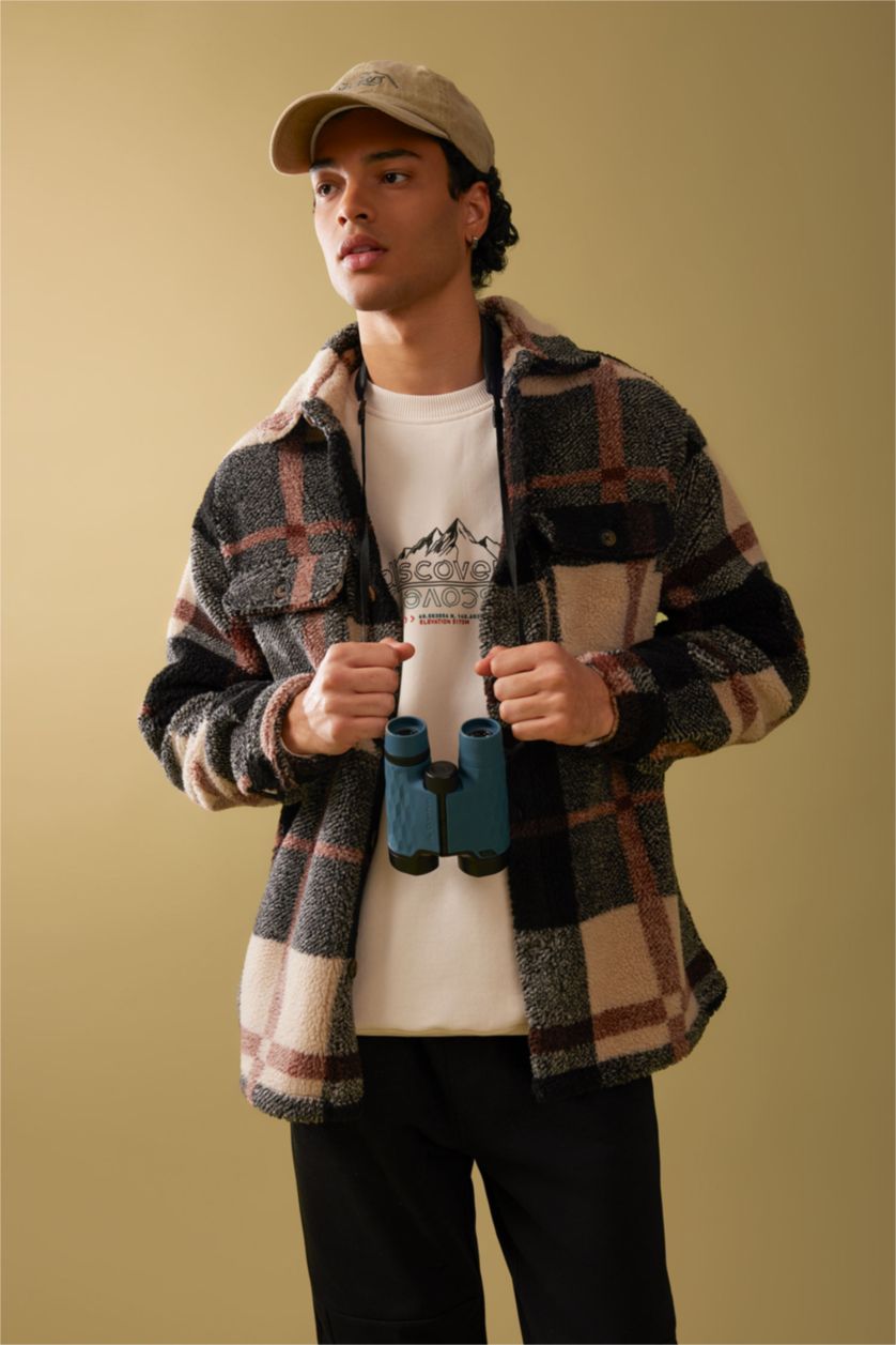 Erkek Siyah Relax Fit Düğmeli Cepli Kareli Oduncu Uzun Kollu Gömlek Ceket