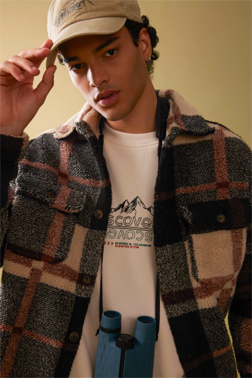 Erkek Siyah Relax Fit Düğmeli Cepli Kareli Oduncu Uzun Kollu Gömlek Ceket