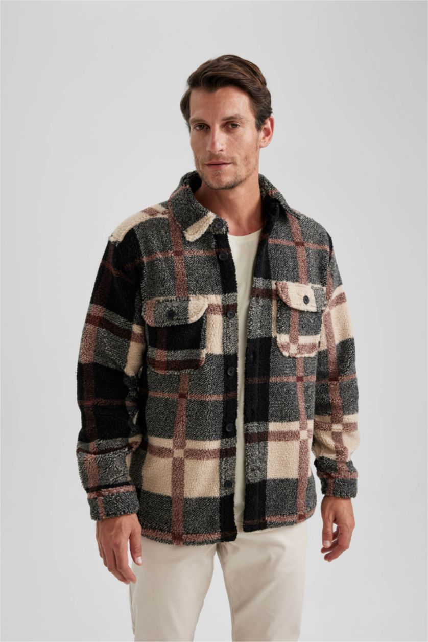 Erkek Siyah Relax Fit Düğmeli Cepli Kareli Oduncu Uzun Kollu Gömlek Ceket