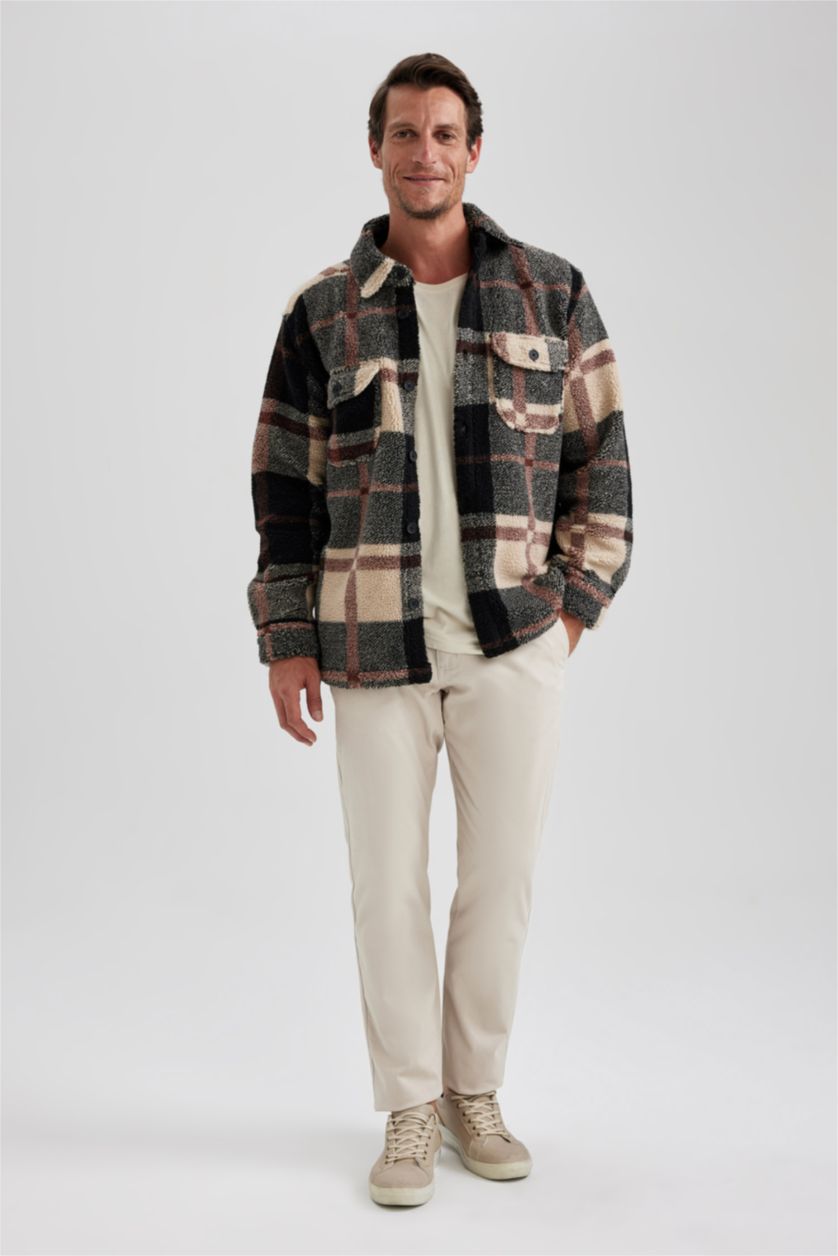 Erkek Siyah Relax Fit Düğmeli Cepli Kareli Oduncu Uzun Kollu Gömlek Ceket