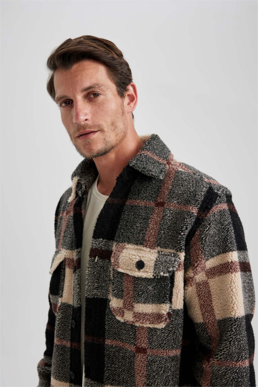 Erkek Siyah Relax Fit Düğmeli Cepli Kareli Oduncu Uzun Kollu Gömlek Ceket