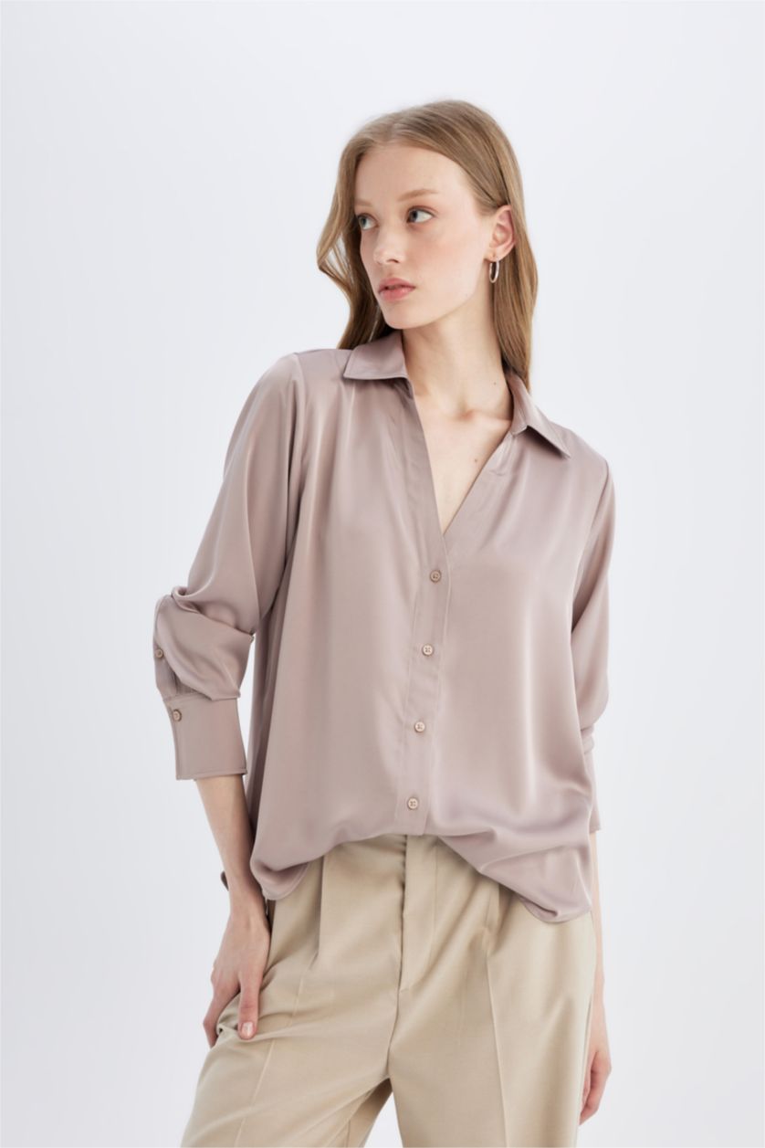 FEMME Bordeaux Chemise Satin coupe régulière à Manches Longues à Col en V