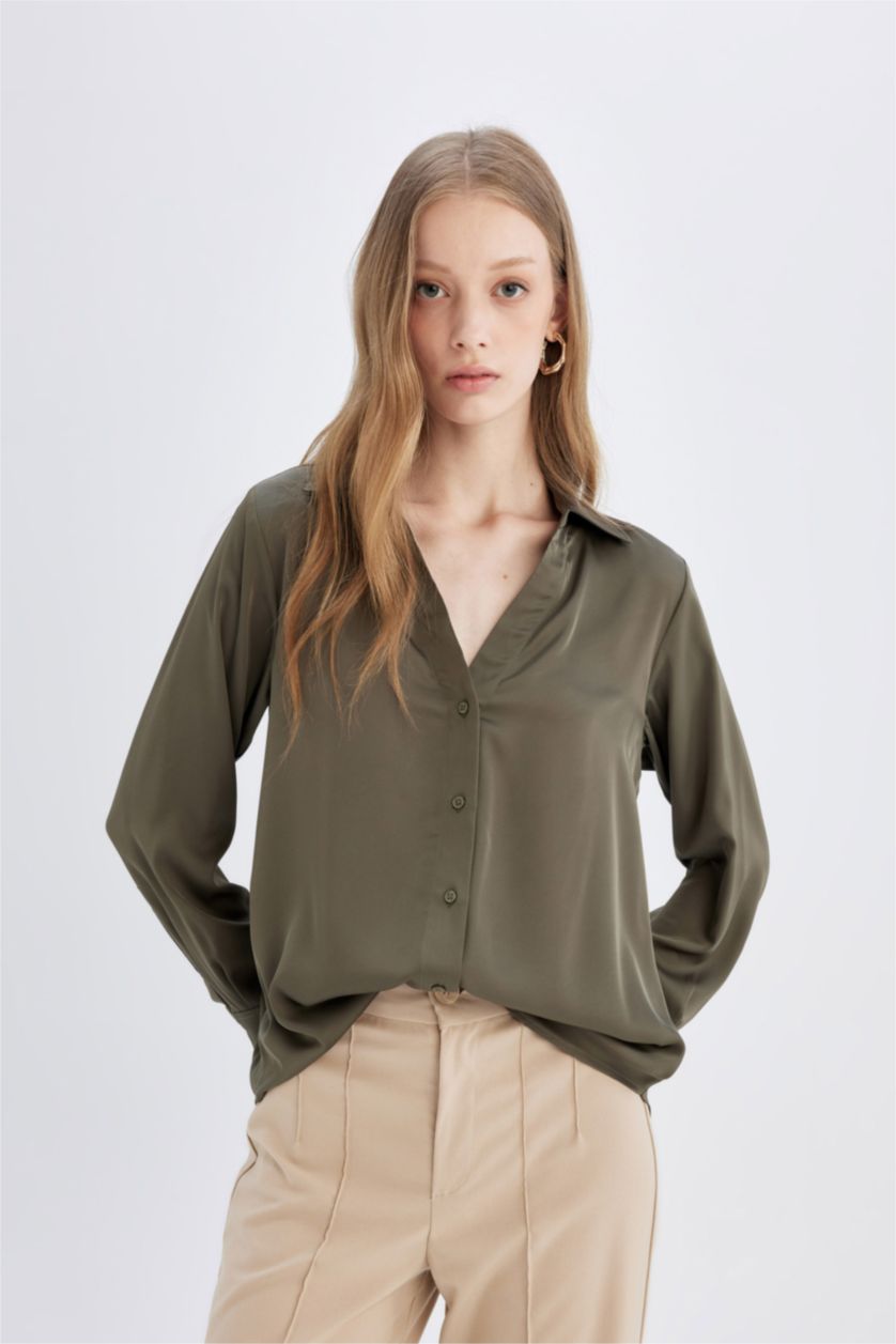 WOMAN Khaki Regular Fit V Neck Satin Shirt