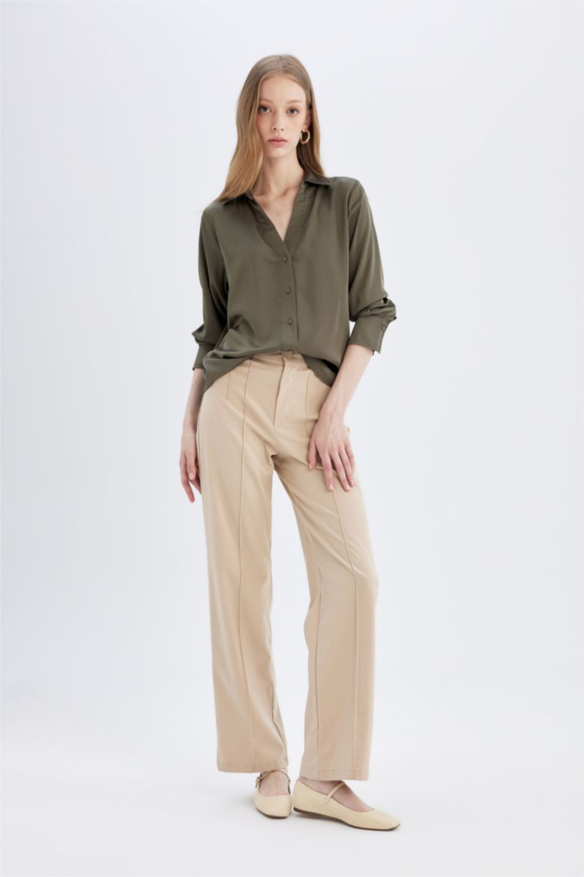 WOMAN Khaki Regular Fit V Neck Satin Shirt