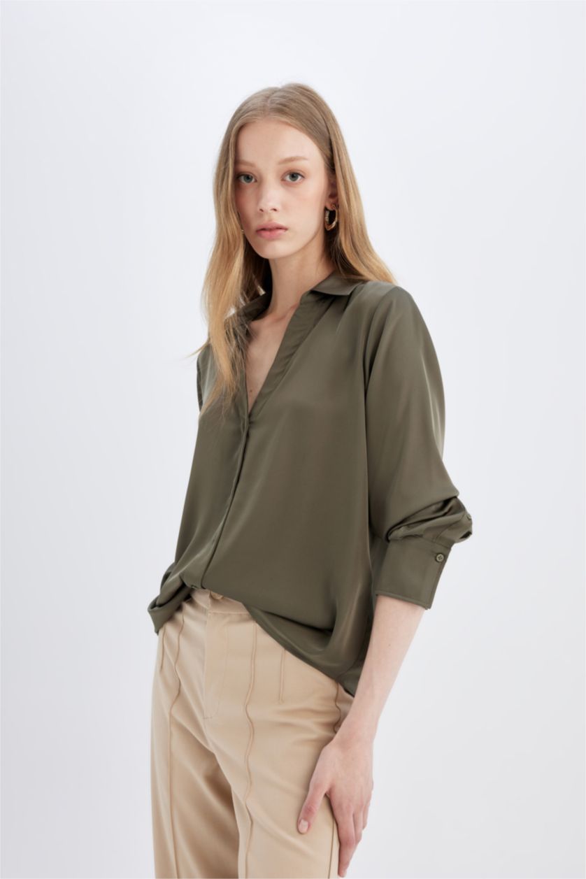 WOMAN Khaki Regular Fit V Neck Satin Shirt
