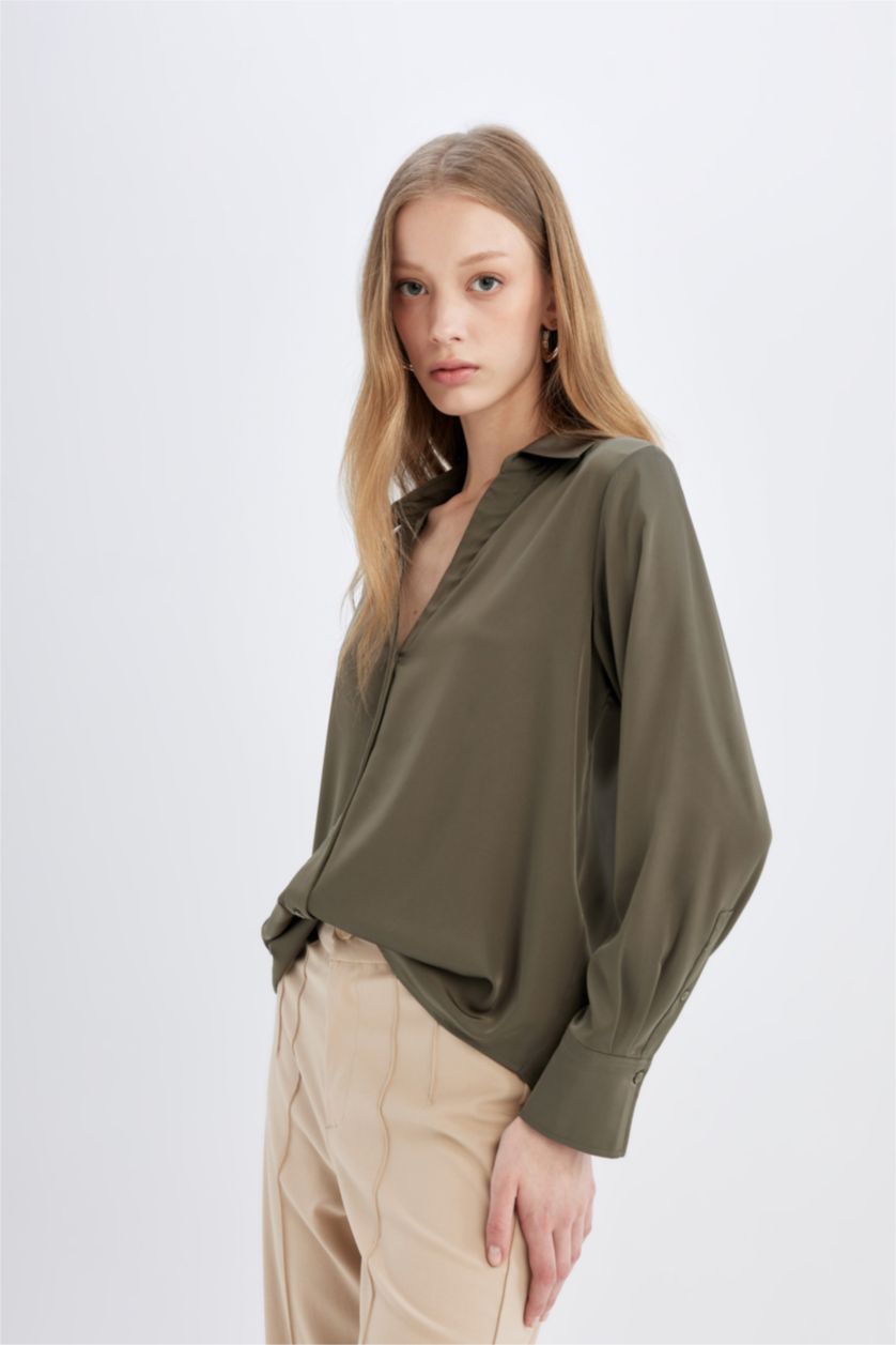 WOMAN Khaki Regular Fit V Neck Satin Shirt