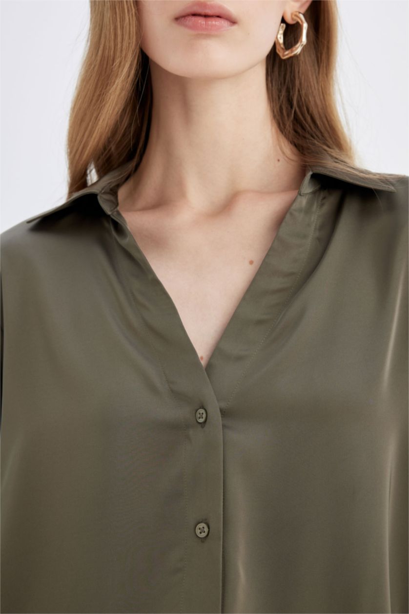 WOMAN Khaki Regular Fit V Neck Satin Shirt