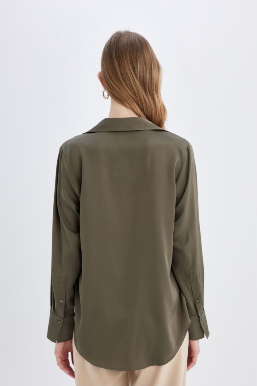 WOMAN Khaki Regular Fit V Neck Satin Shirt