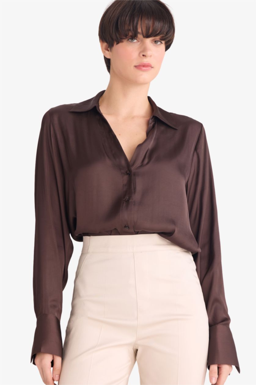 Woman Brown Regular Fit Shirt Collar Satin Long Sleeve Shirt