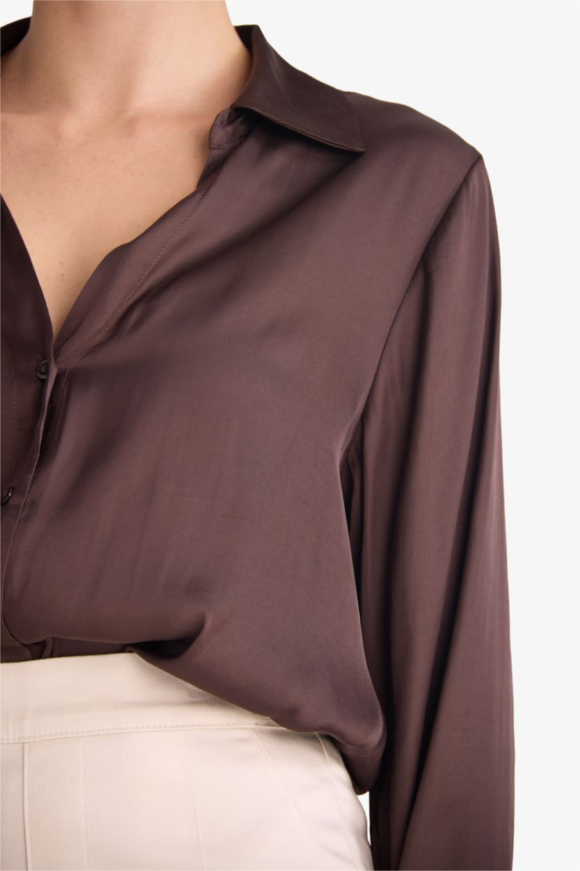 Woman Brown Regular Fit Shirt Collar Satin Long Sleeve Shirt