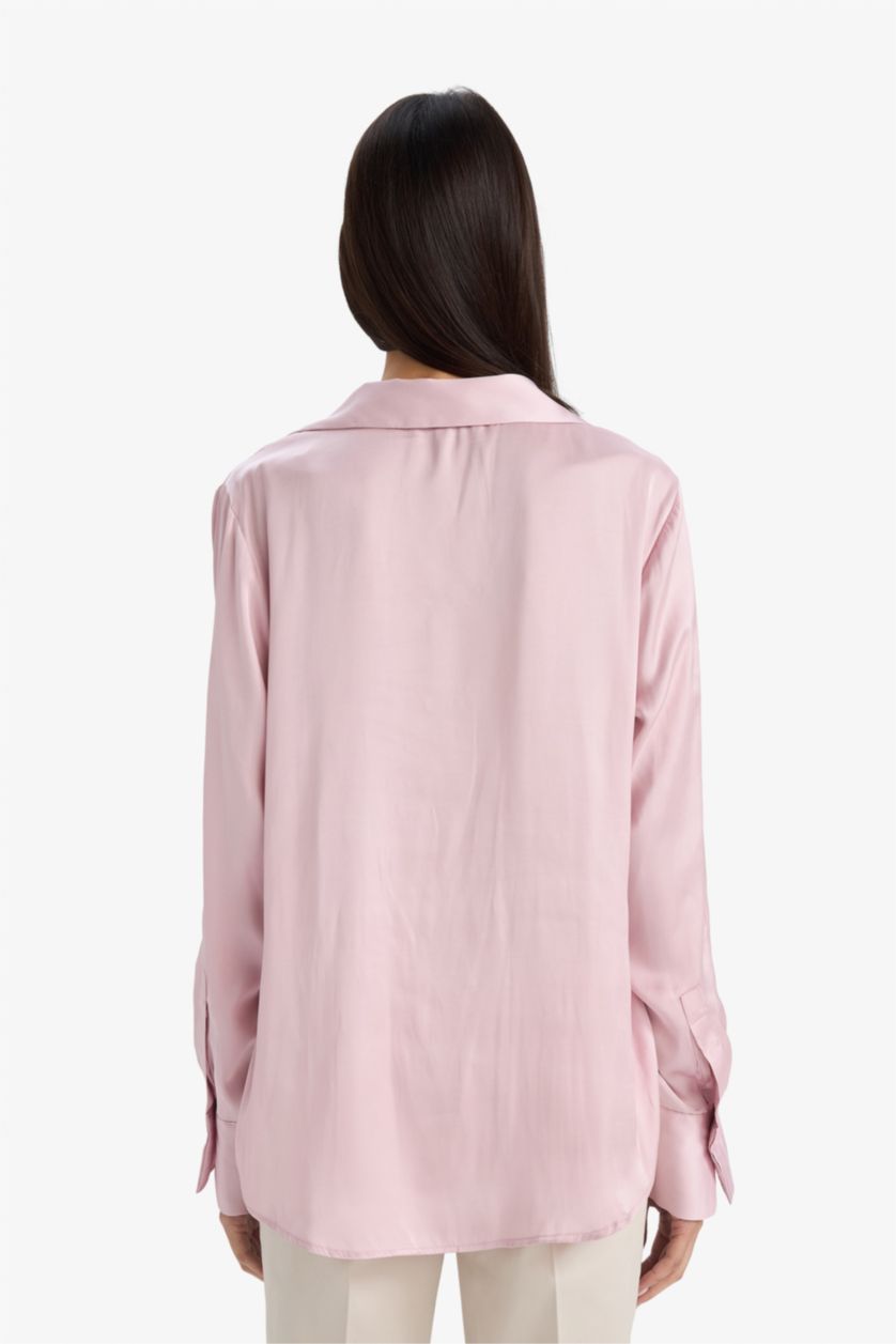 WOMAN Light Pink Regular Fit Shirt Collar Satin Long Sleeve Shirt