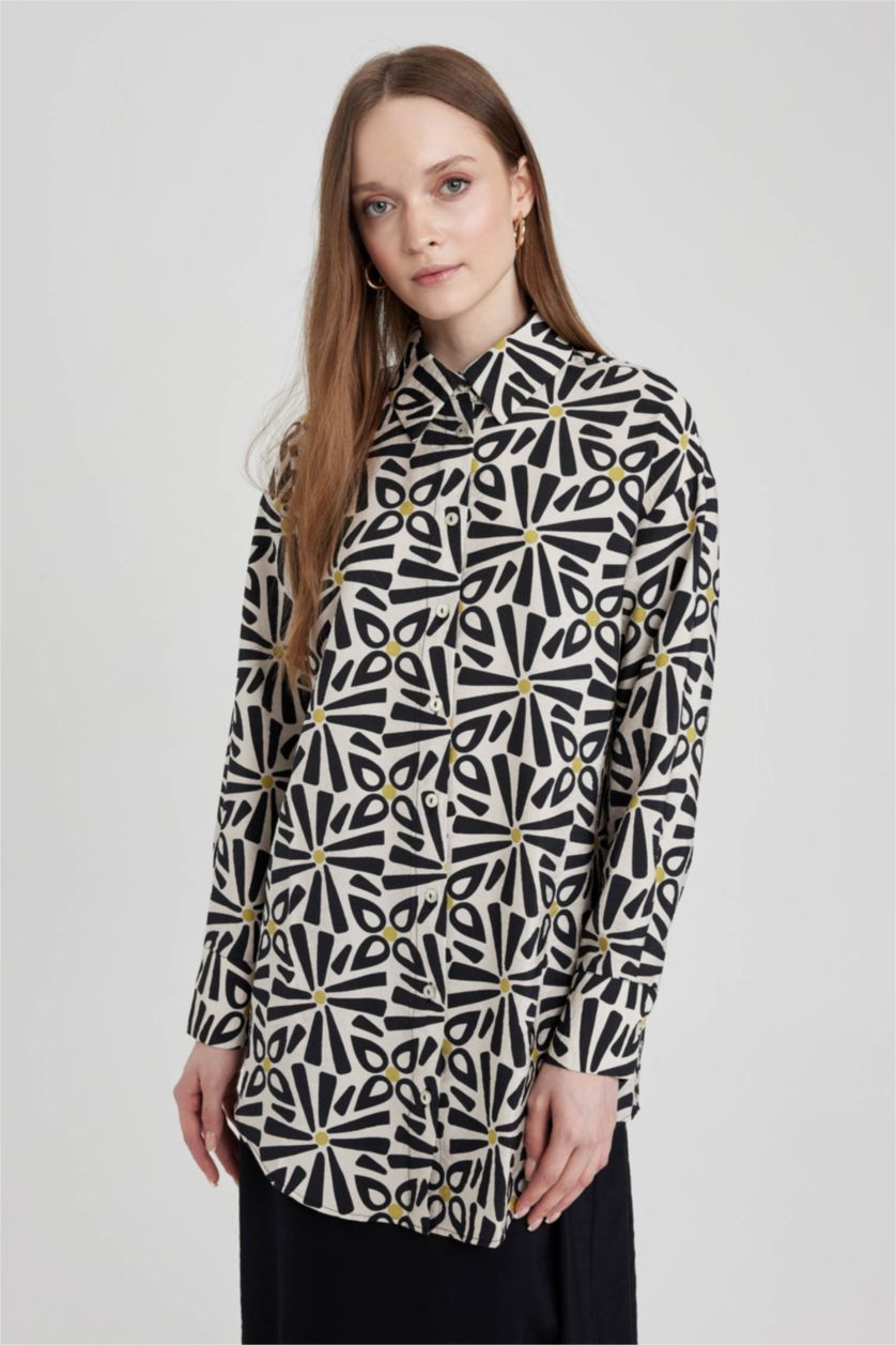 FEMME Beige Tunique À Manches Longues Coupe décontractée Imprimé Col De Chemise