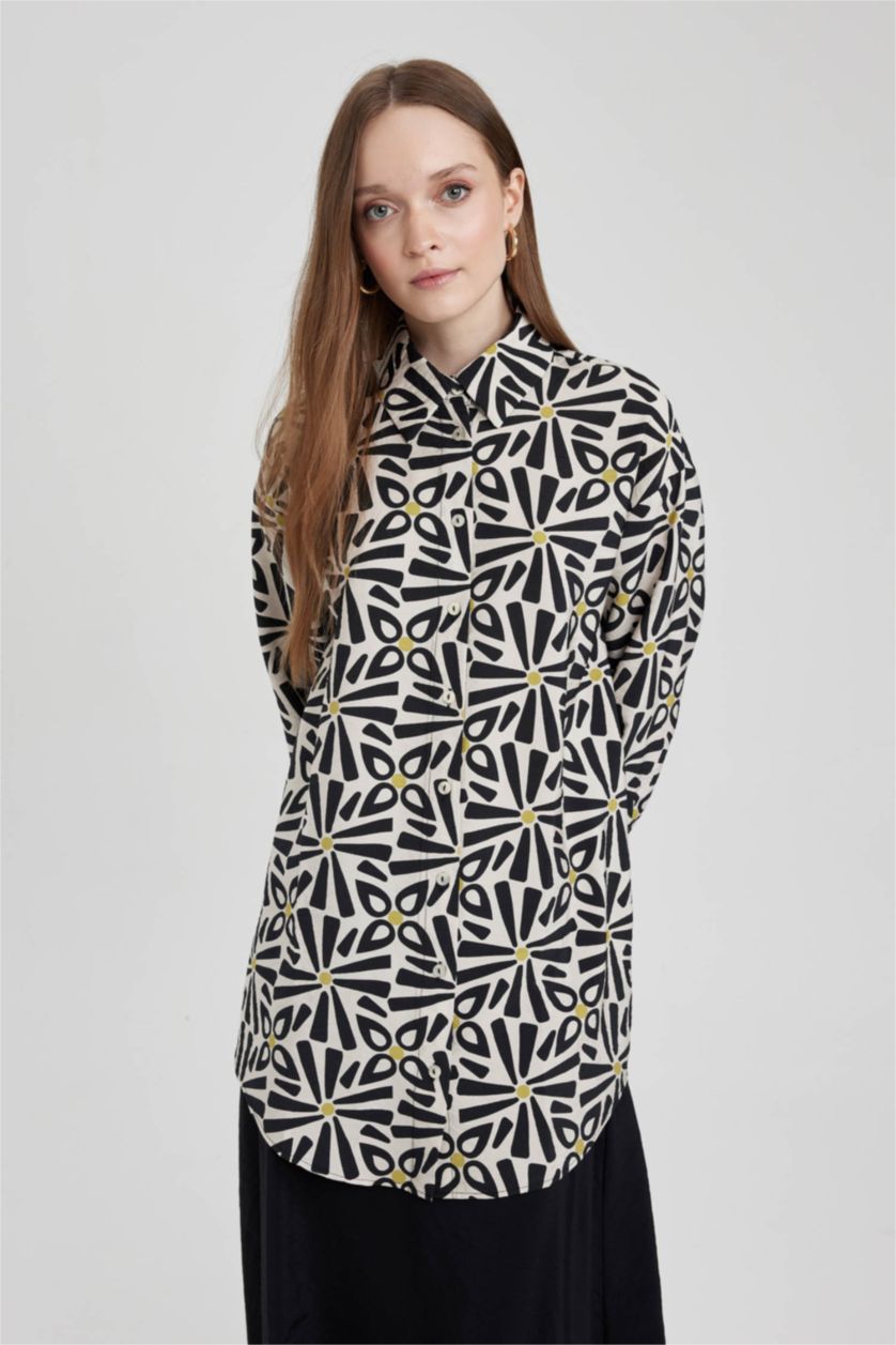 FEMME Beige Tunique À Manches Longues Coupe décontractée Imprimé Col De Chemise