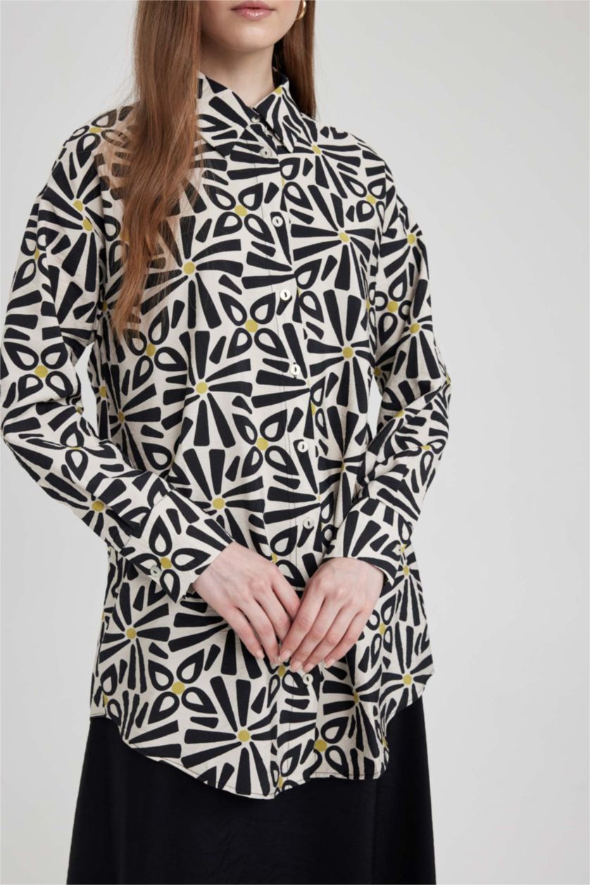 FEMME Beige Tunique À Manches Longues Coupe décontractée Imprimé Col De Chemise