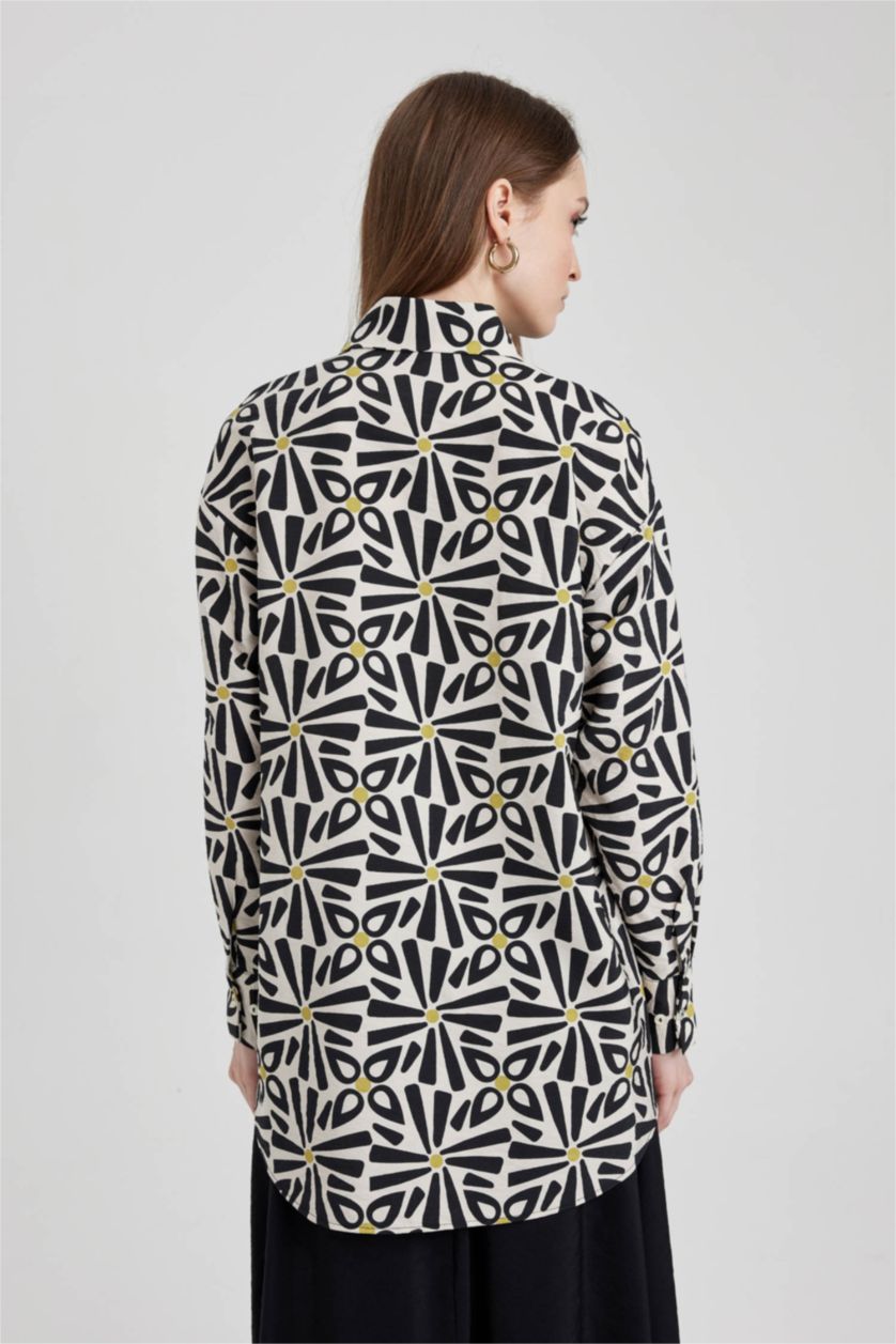 FEMME Beige Tunique À Manches Longues Coupe décontractée Imprimé Col De Chemise