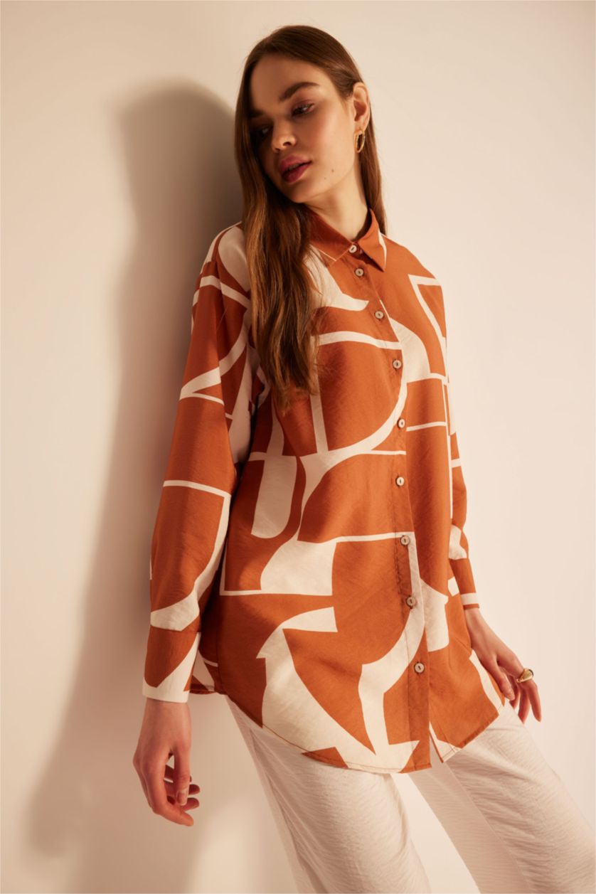 FEMME Orange Tunique À Manches Longues Coupe décontractée Imprimé Col De Chemise