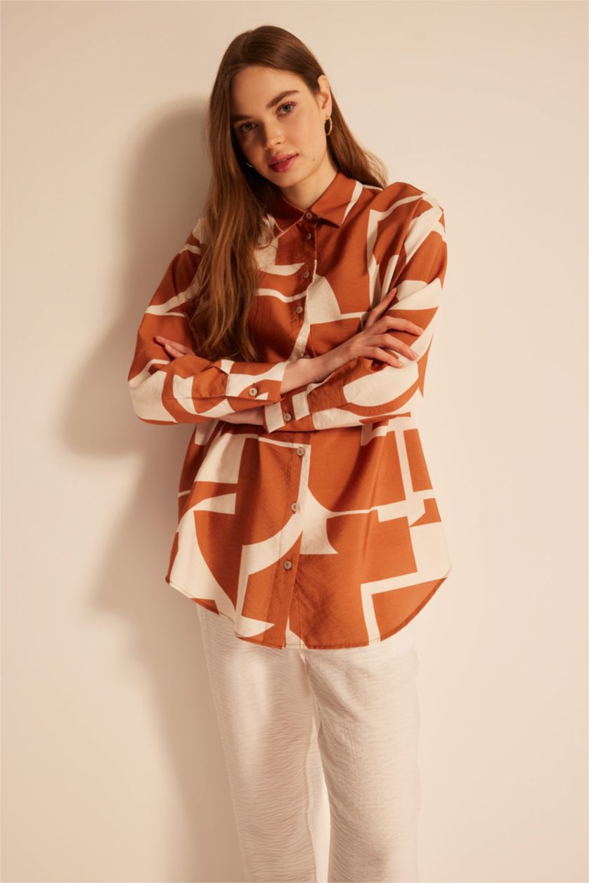 FEMME Orange Tunique À Manches Longues Coupe décontractée Imprimé Col De Chemise