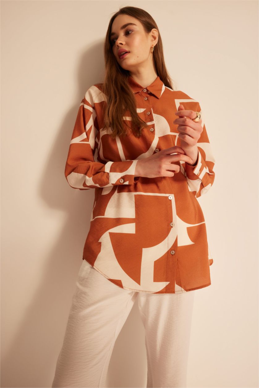 FEMME Orange Tunique À Manches Longues Coupe décontractée Imprimé Col De Chemise