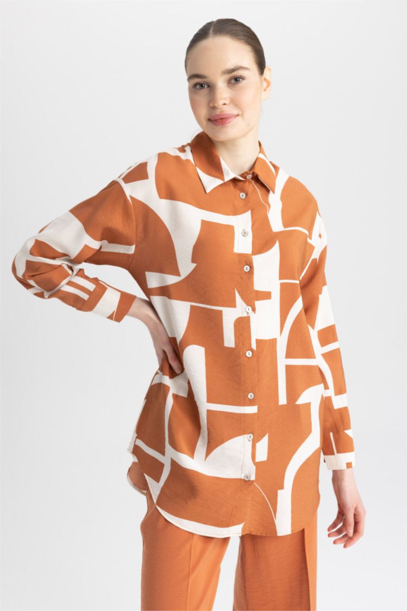 FEMME Orange Tunique À Manches Longues Coupe décontractée Imprimé Col De Chemise