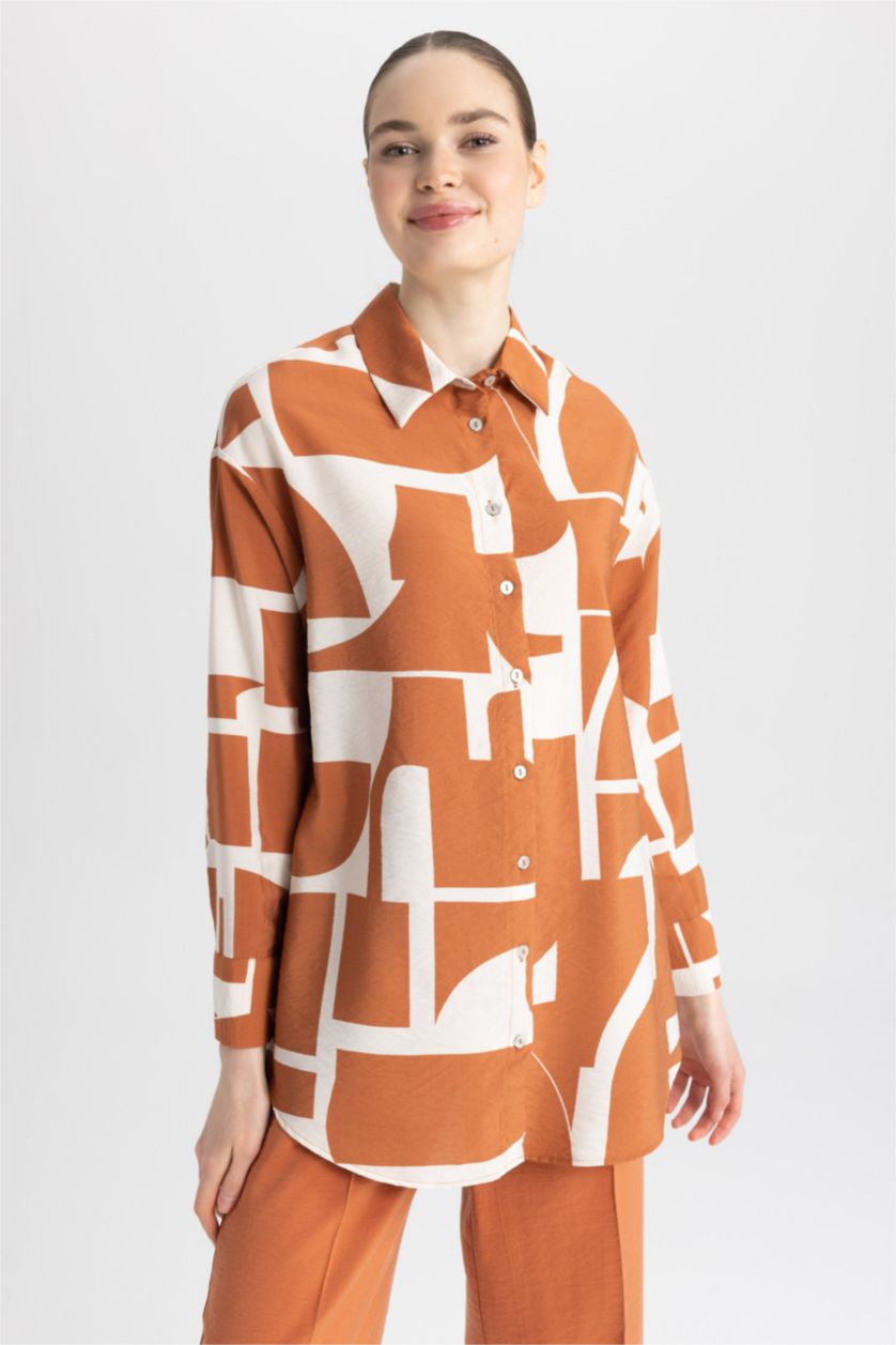 FEMME Orange Tunique À Manches Longues Coupe décontractée Imprimé Col De Chemise