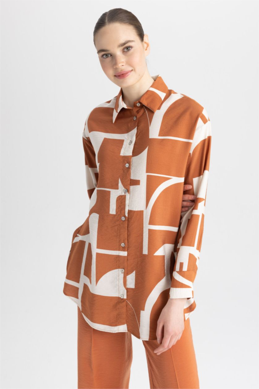 FEMME Orange Tunique À Manches Longues Coupe décontractée Imprimé Col De Chemise