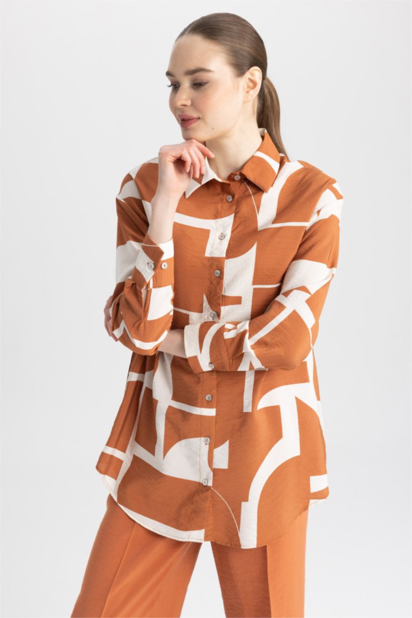 FEMME Orange Tunique À Manches Longues Coupe décontractée Imprimé Col De Chemise