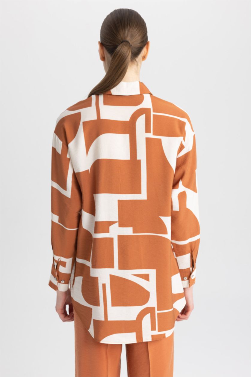 FEMME Orange Tunique À Manches Longues Coupe décontractée Imprimé Col De Chemise