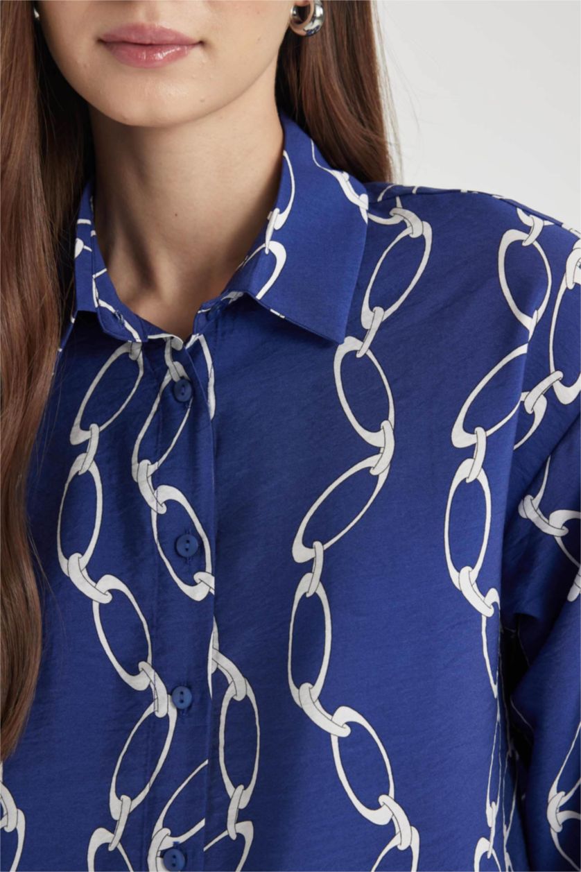 حريمي أزرق غامق تونيك مطبوع كم طويل وقصة مريحة