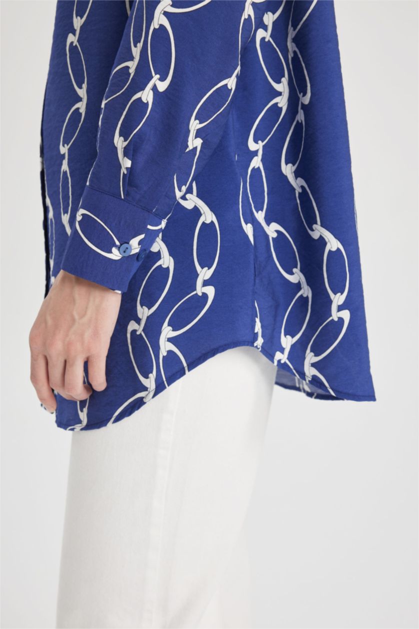 حريمي أزرق غامق تونيك مطبوع كم طويل وقصة مريحة