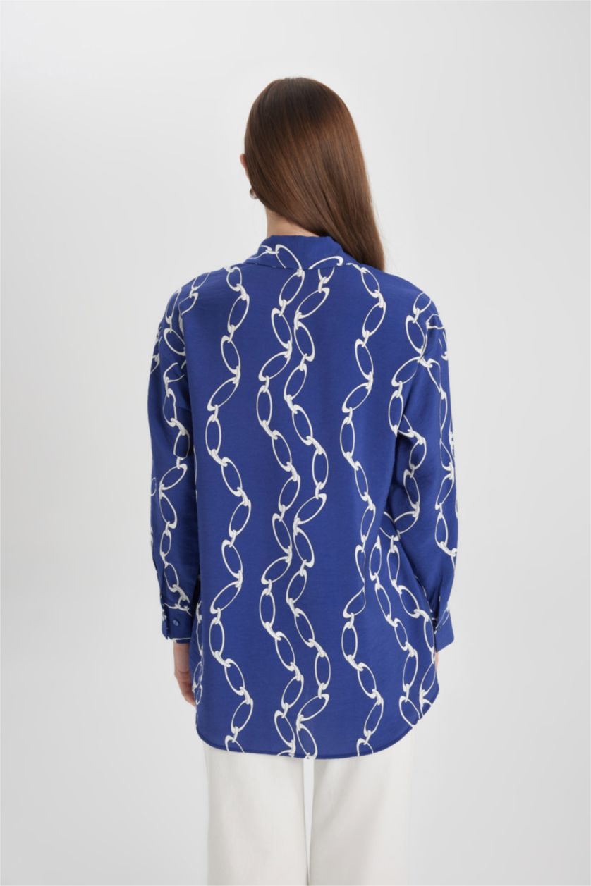 حريمي أزرق غامق تونيك مطبوع كم طويل وقصة مريحة