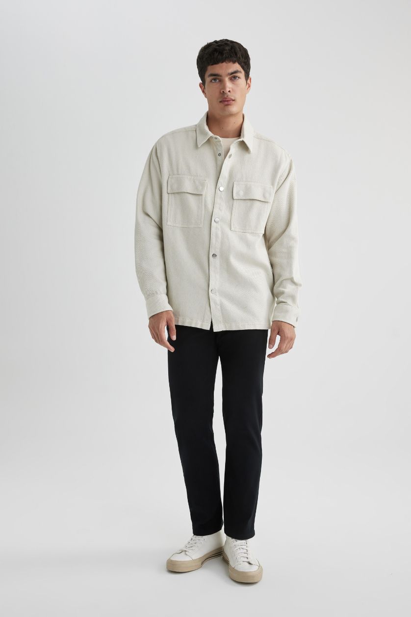 رجالي بيج فاتح قميص بولو كم طويل قصة مريحة