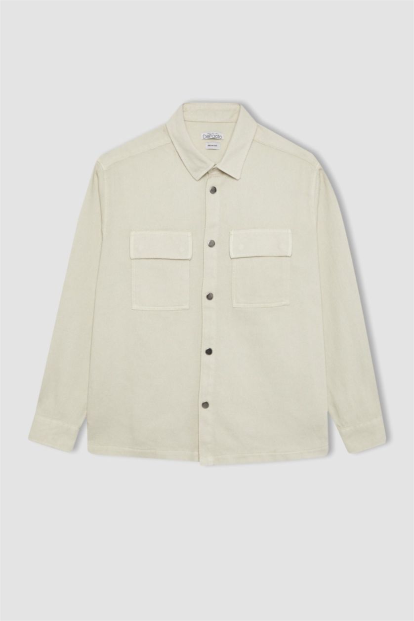 رجالي بيج فاتح قميص بولو كم طويل قصة مريحة