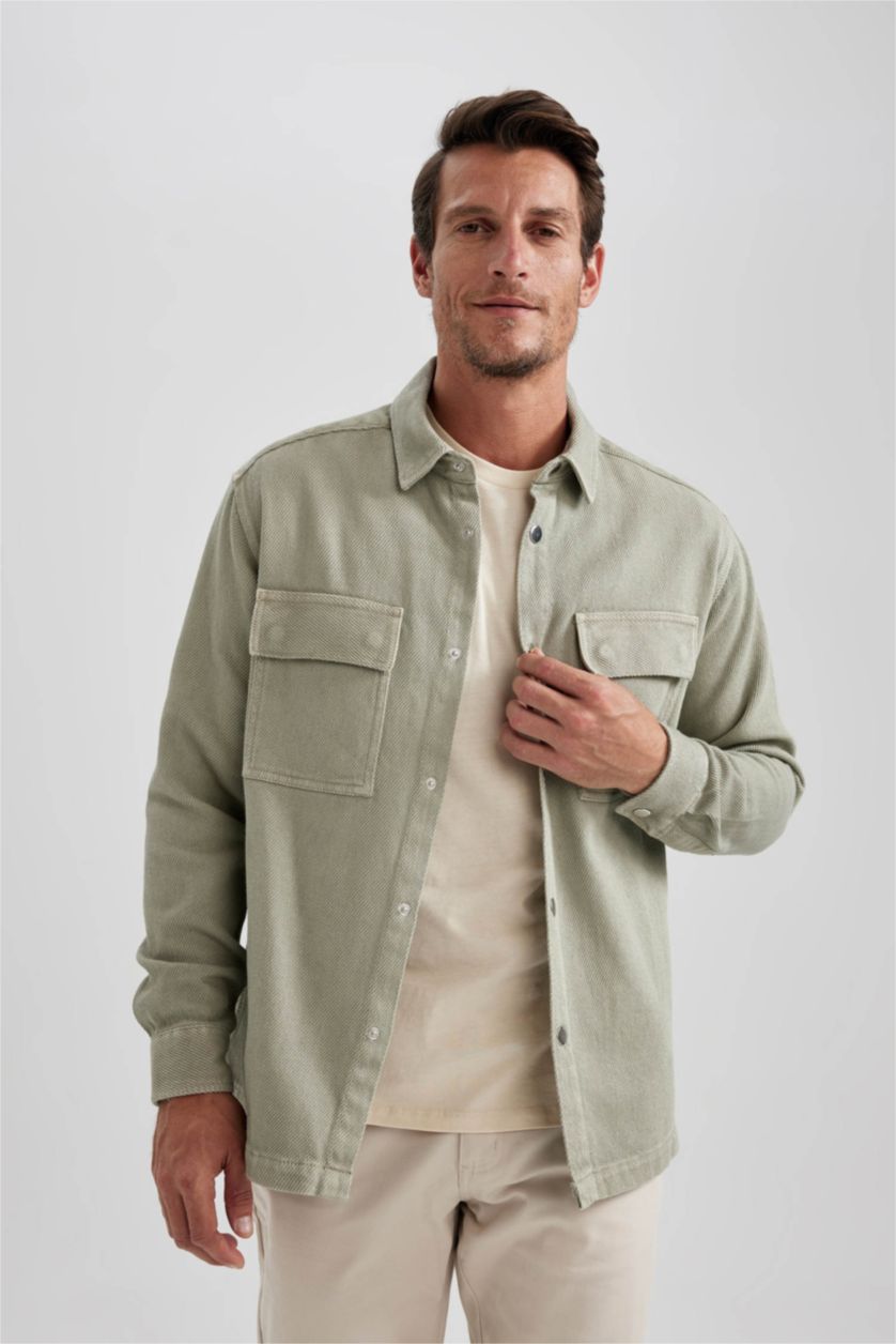 رجالي كاكي فاتح قميص بولو كم طويل قصة مريحة