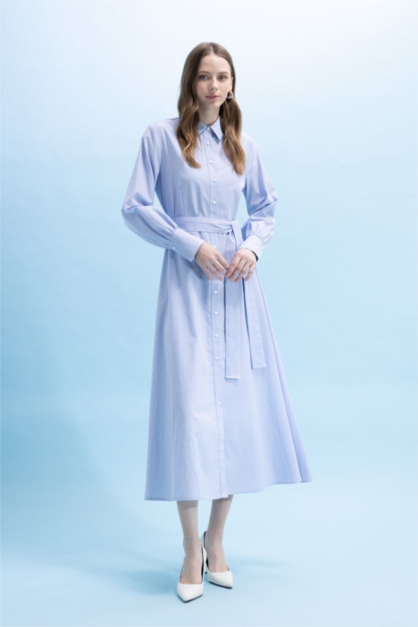 WOMAN White Shirt Collar Striped Poplin Long Sleeve Dress