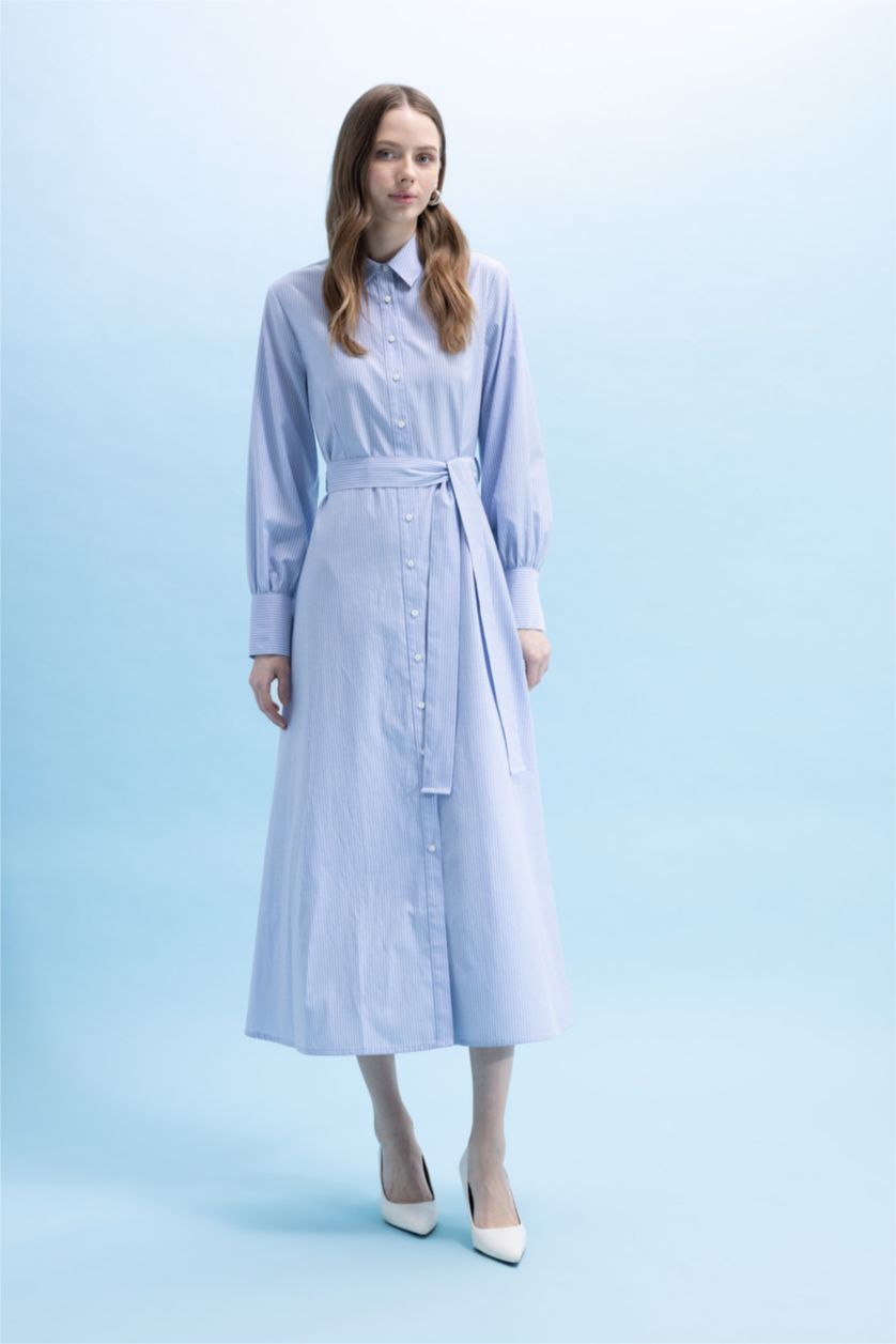 WOMAN White Shirt Collar Striped Poplin Long Sleeve Dress