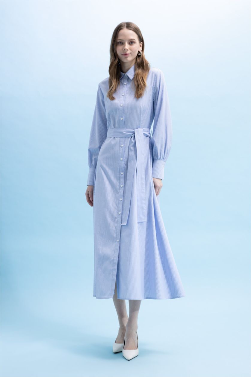 WOMAN White Shirt Collar Striped Poplin Long Sleeve Dress