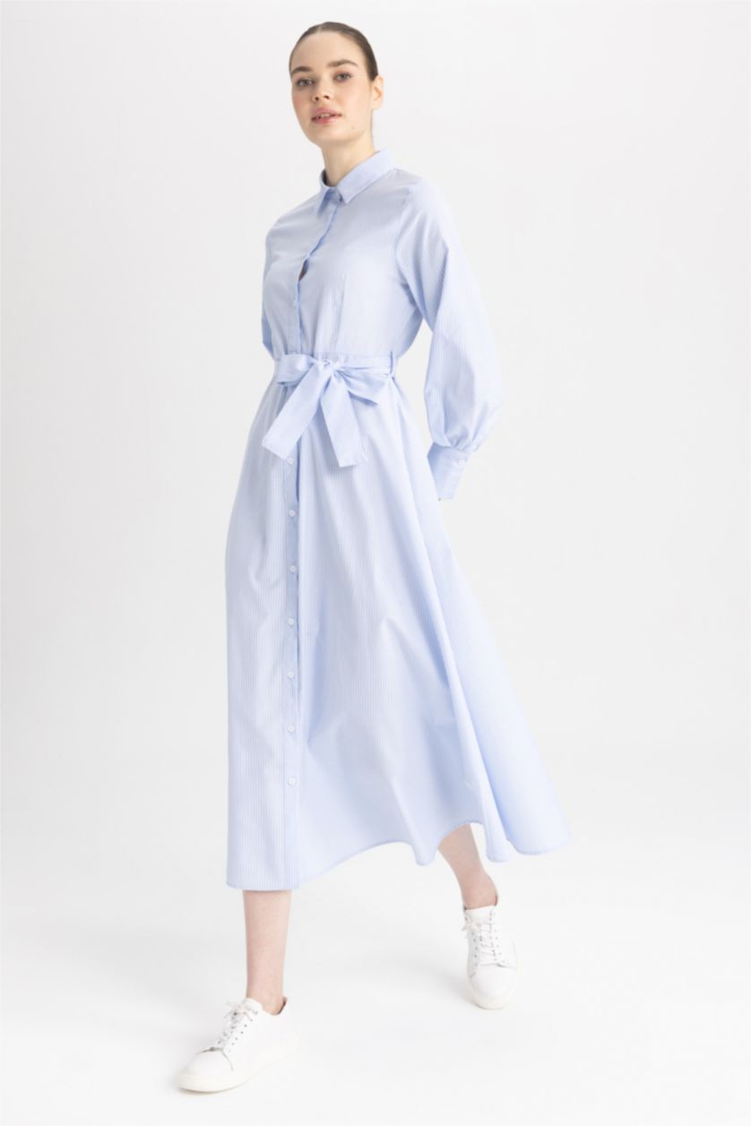 WOMAN White Shirt Collar Striped Poplin Long Sleeve Dress