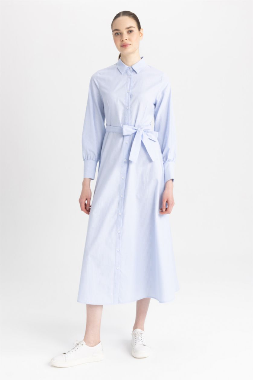 WOMAN White Shirt Collar Striped Poplin Long Sleeve Dress