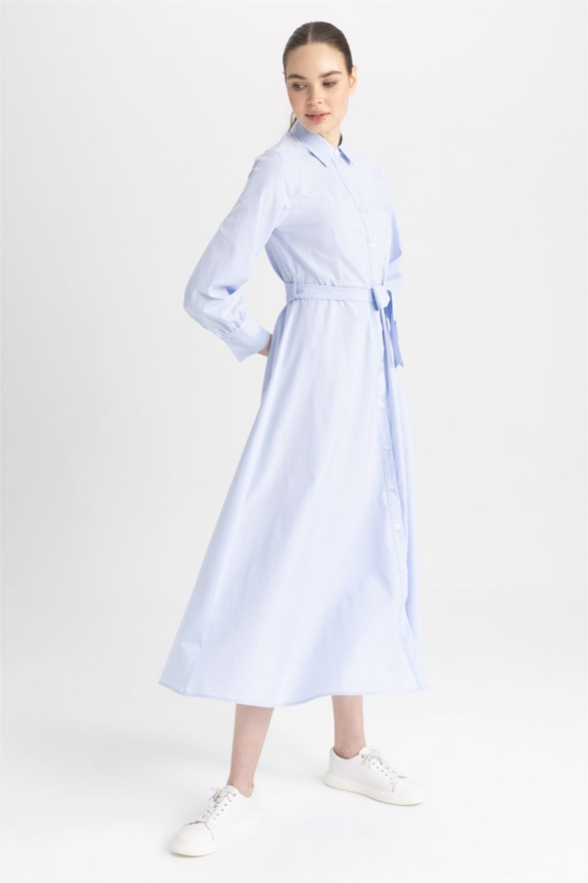 WOMAN White Shirt Collar Striped Poplin Long Sleeve Dress