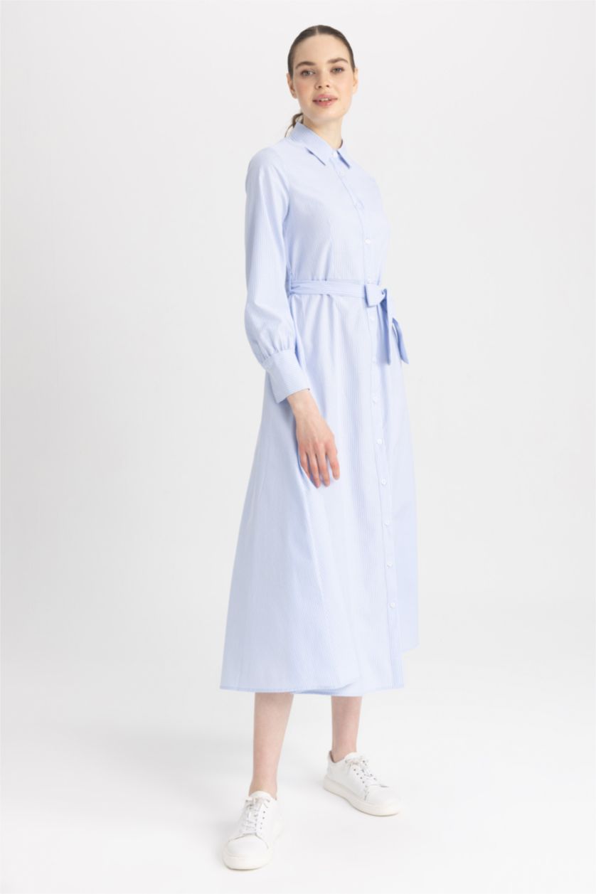 WOMAN White Shirt Collar Striped Poplin Long Sleeve Dress