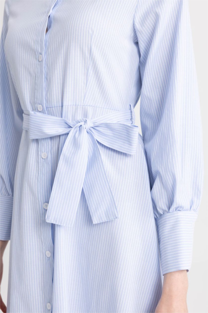 WOMAN White Shirt Collar Striped Poplin Long Sleeve Dress