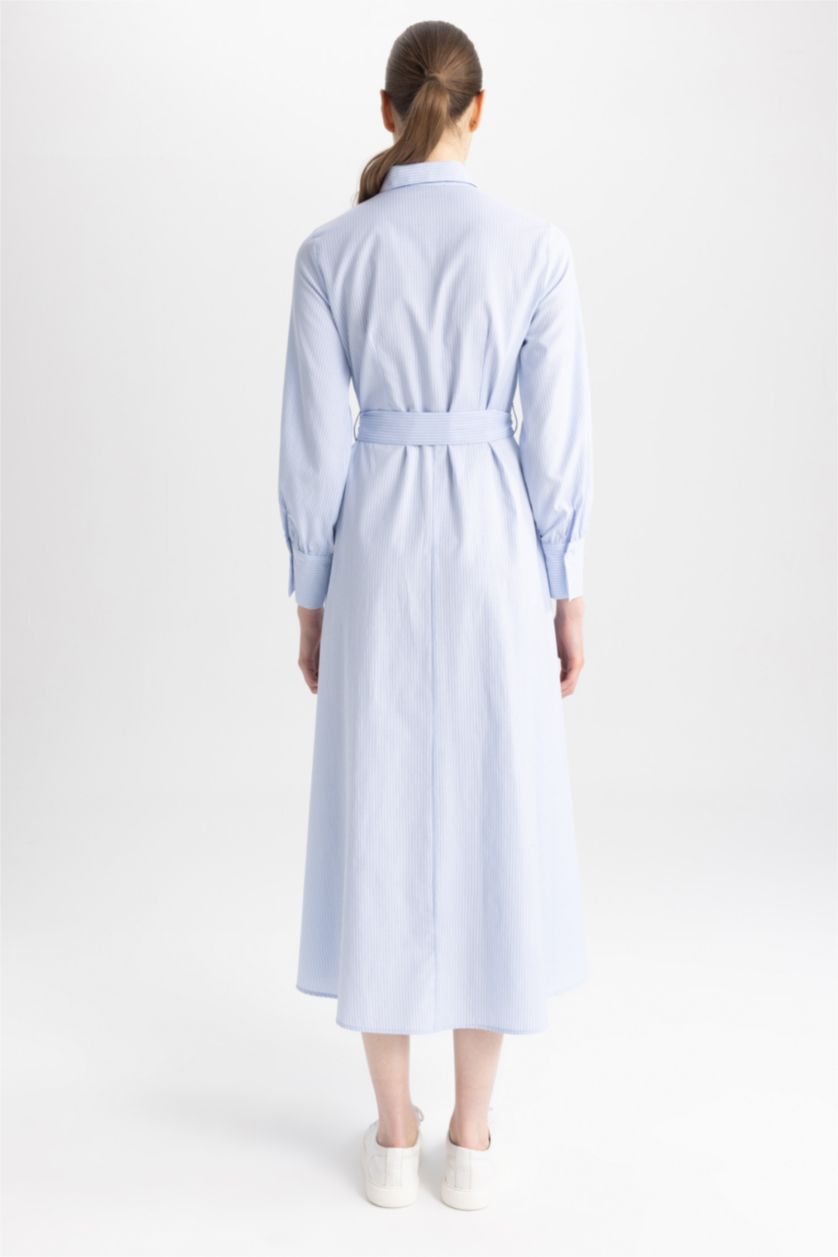 WOMAN White Shirt Collar Striped Poplin Long Sleeve Dress