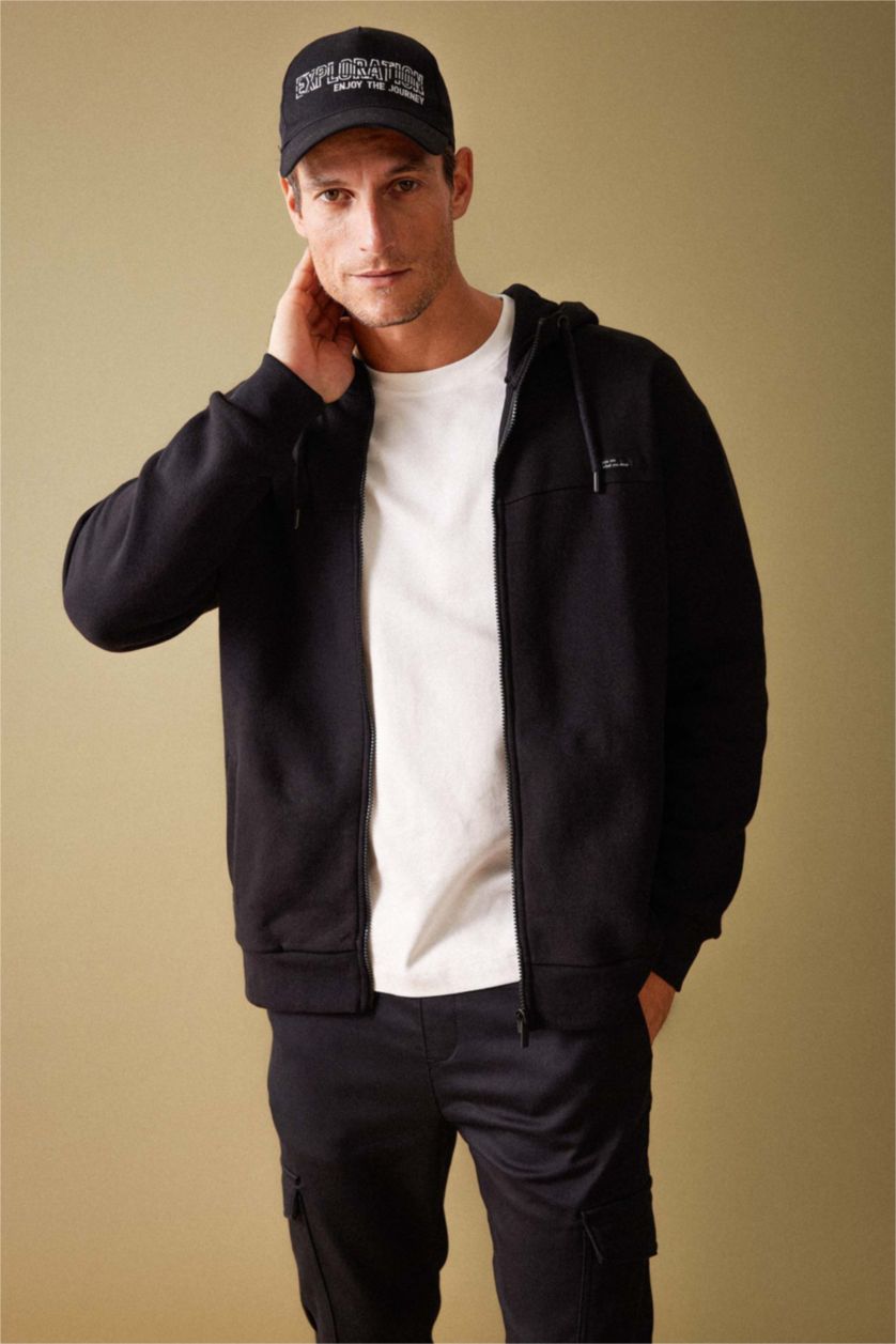 MAN Black Relax Fit Hooded Zippered Sweatshirt