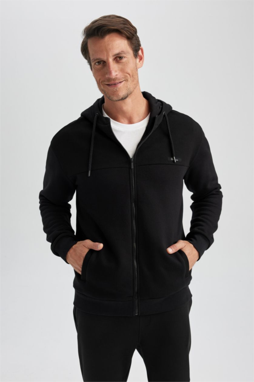 MAN Black Relax Fit Hooded Zippered Sweatshirt