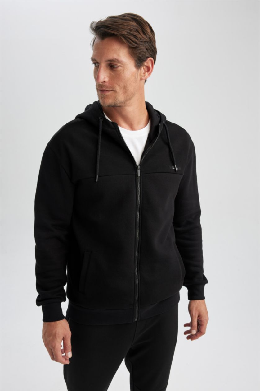 MAN Black Relax Fit Hooded Zippered Sweatshirt
