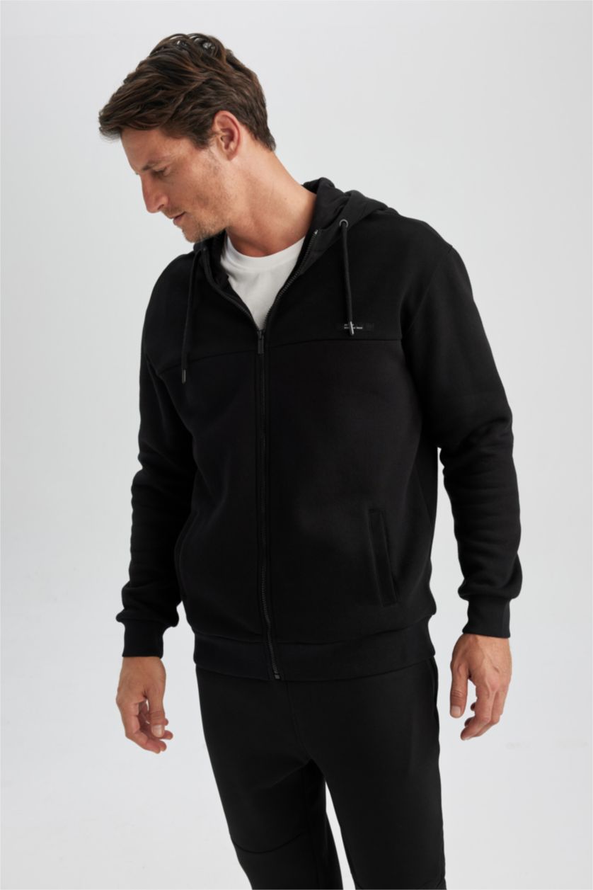 MAN Black Relax Fit Hooded Zippered Sweatshirt