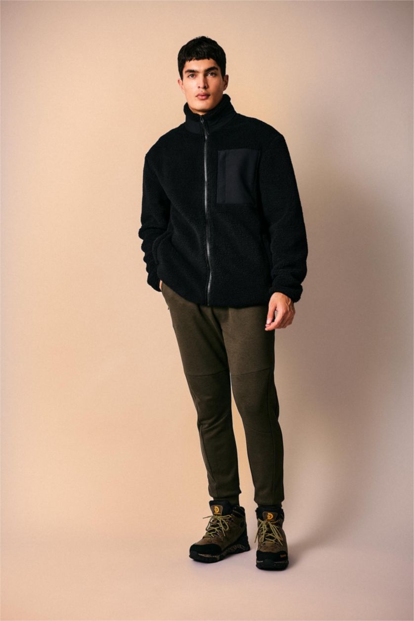 Man Black Relax Fit Stand Collar Fleece Jacket