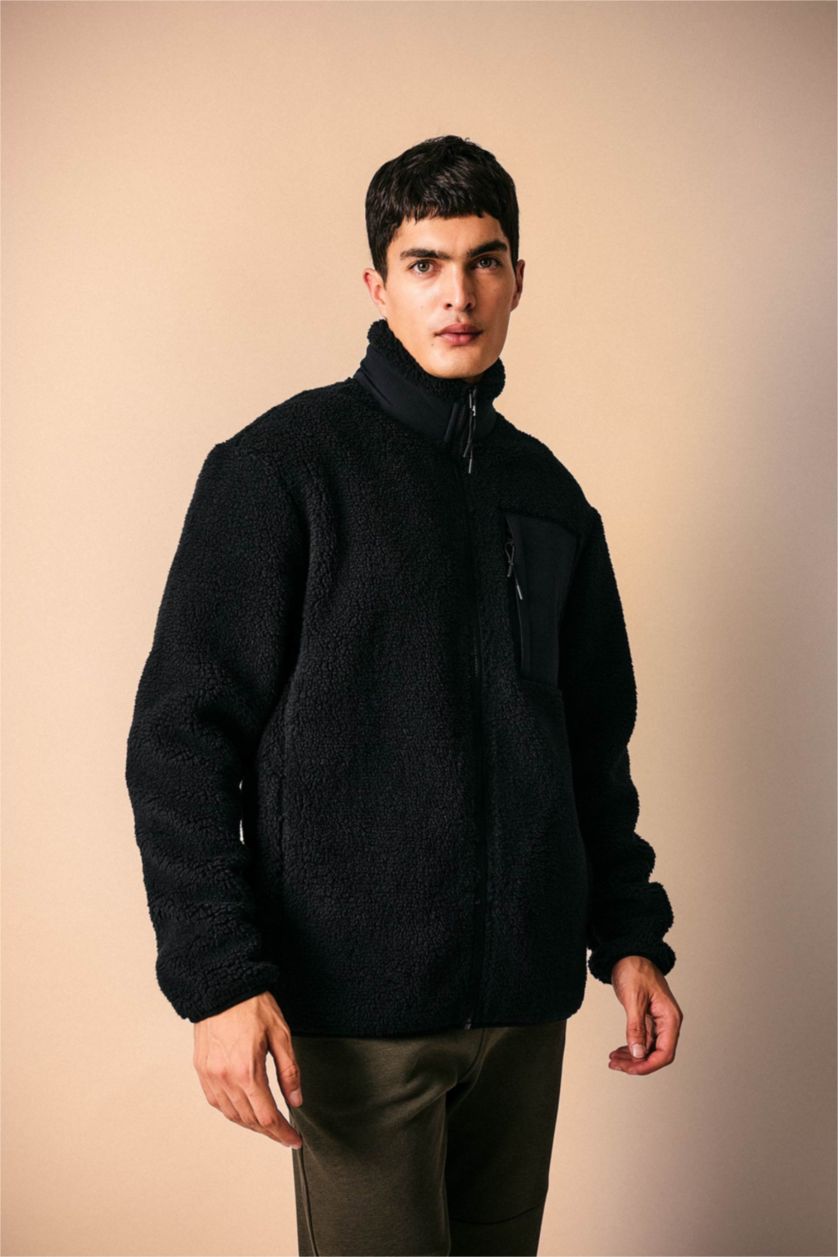 Man Black Relax Fit Stand Collar Fleece Jacket