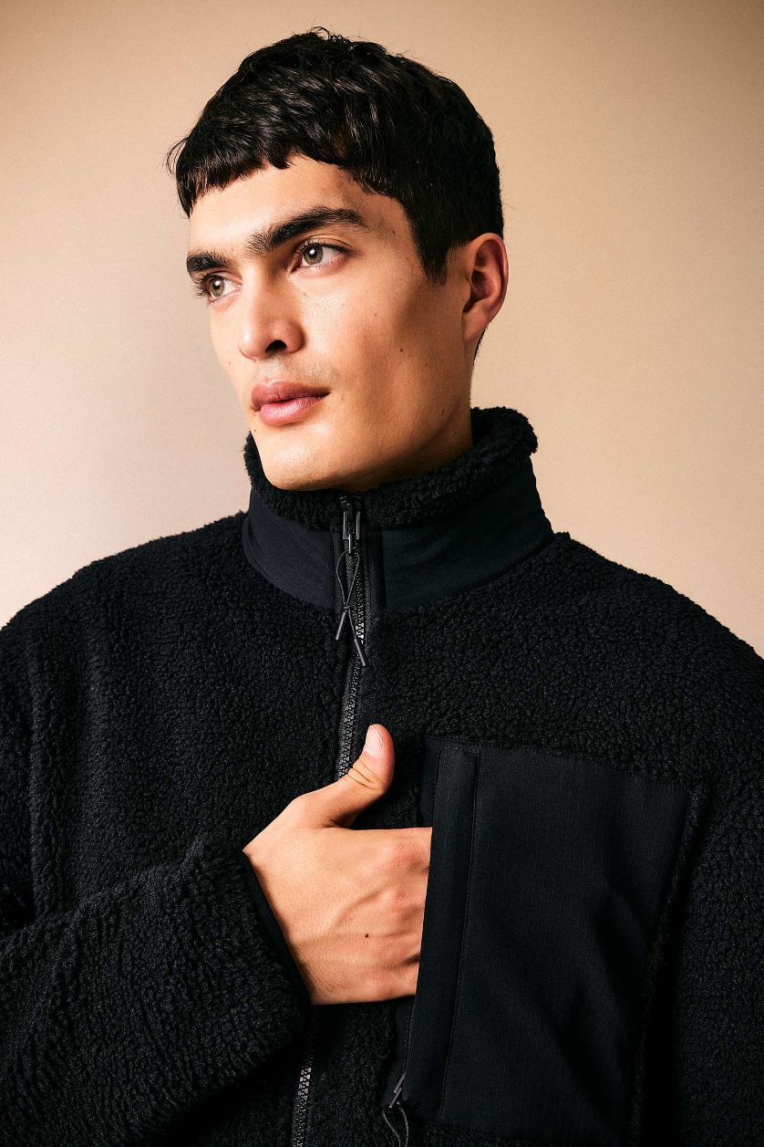 Man Black Relax Fit Stand Collar Fleece Jacket